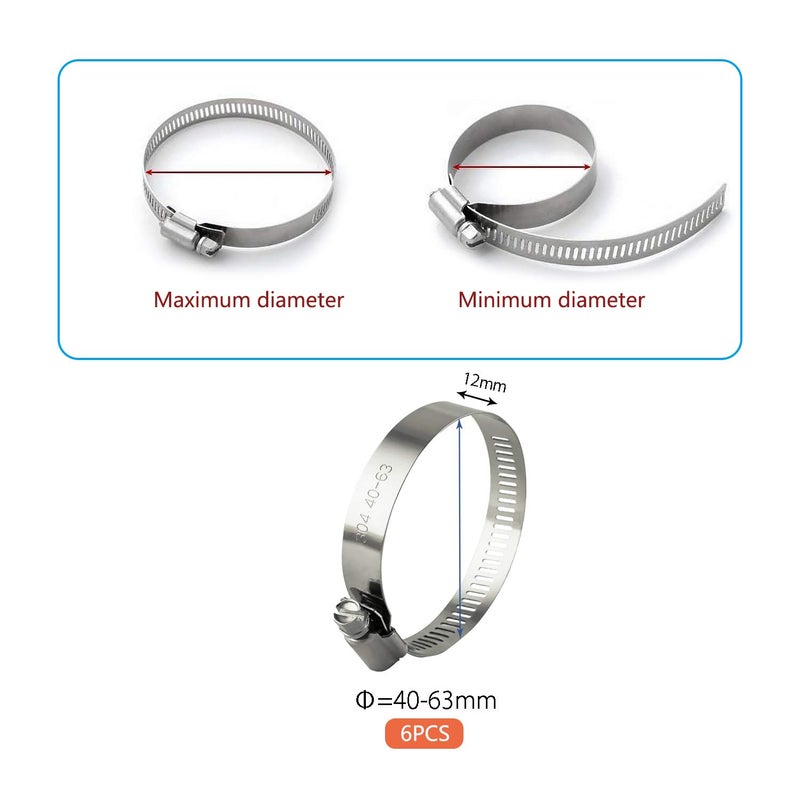 ZIPCCI Hose Clamp, 2 Inch Stainless Steel Worm Gear fuel line clamps for Water Pipe, Automotive and Mechanical Application, 40-63mm (10 Pack) - Image 2